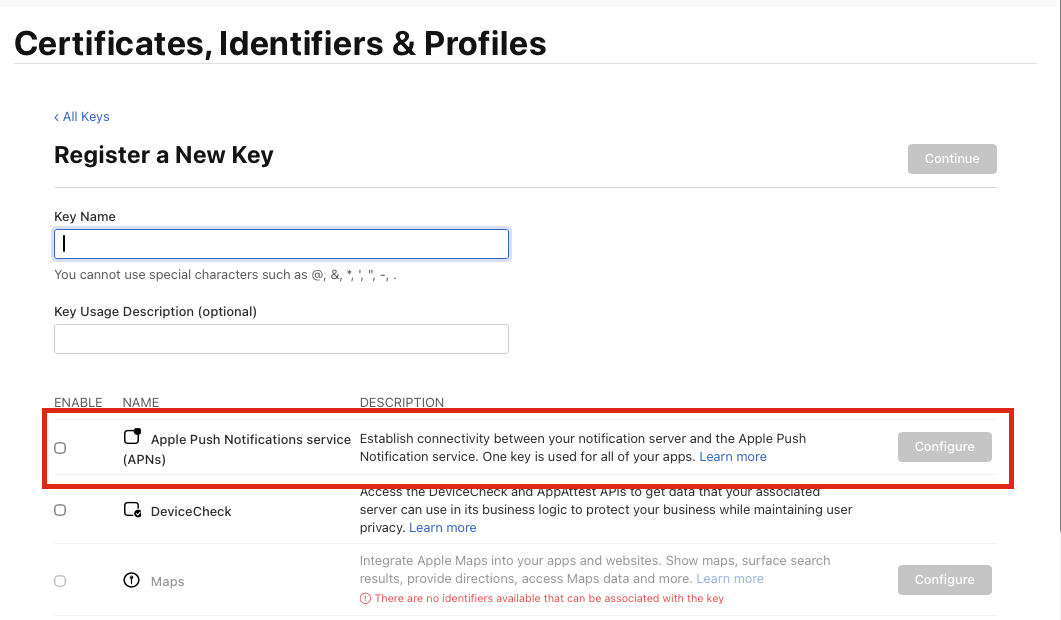 Register a New Key with APNs checked