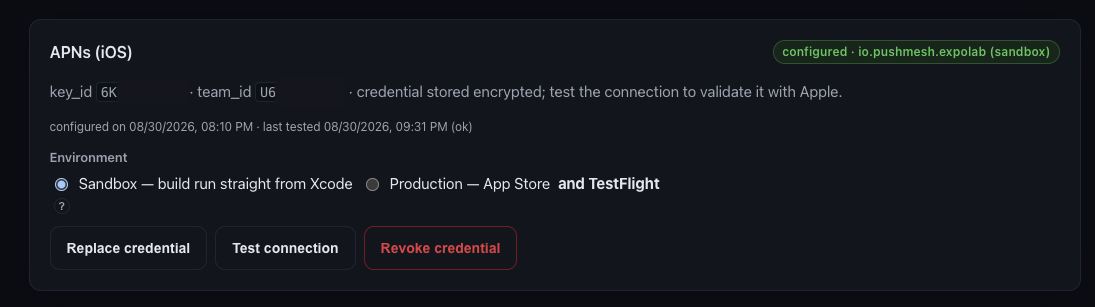 APNs section in the PushMesh panel, with key_id, team_id and environment