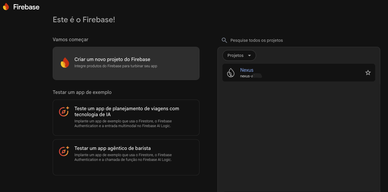 Firebase console showing the project list