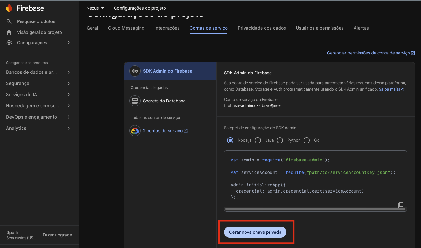 Service accounts tab with the Generate new private key button