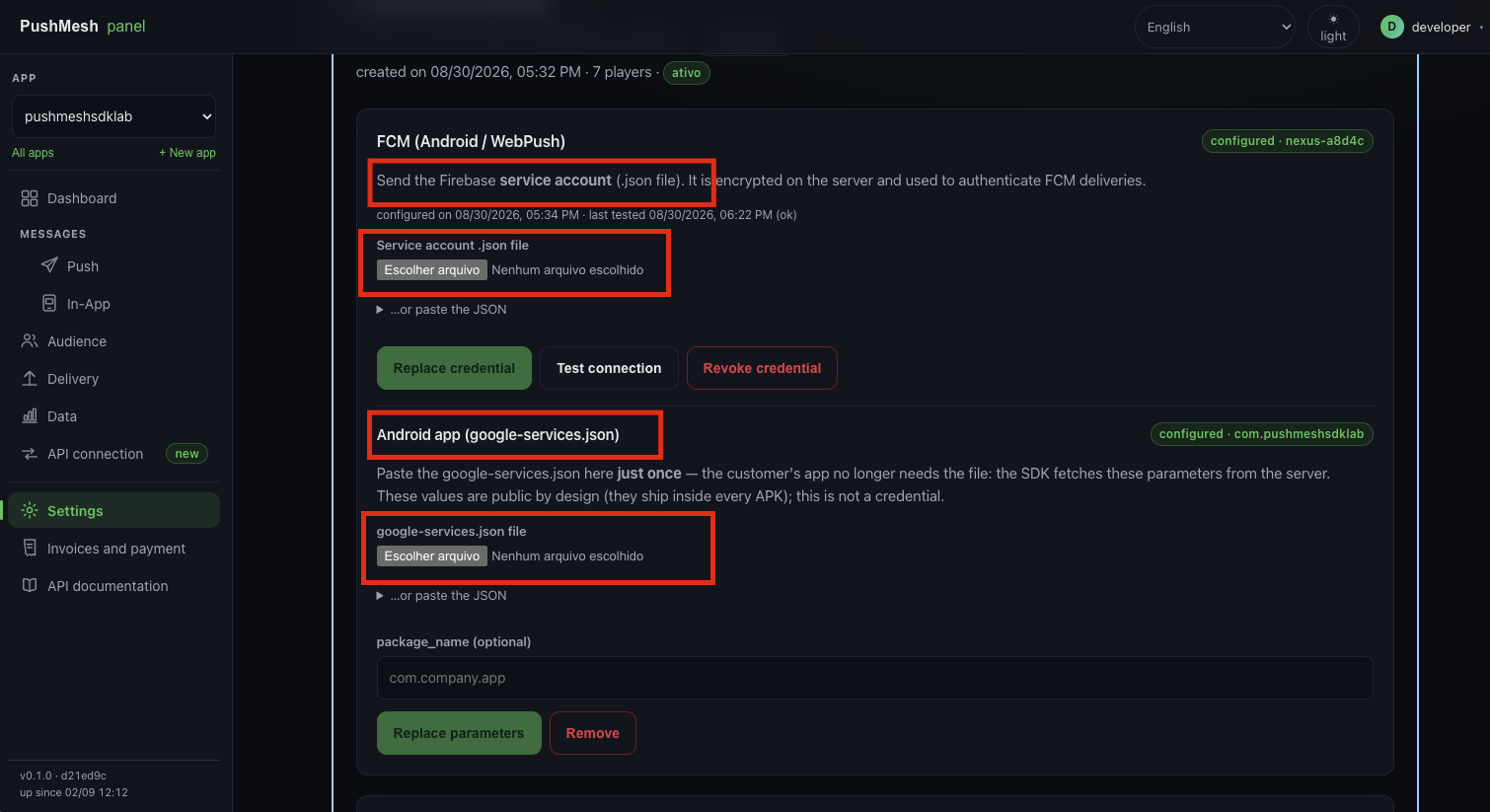 FCM section in the PushMesh panel, with the .json and google-services
